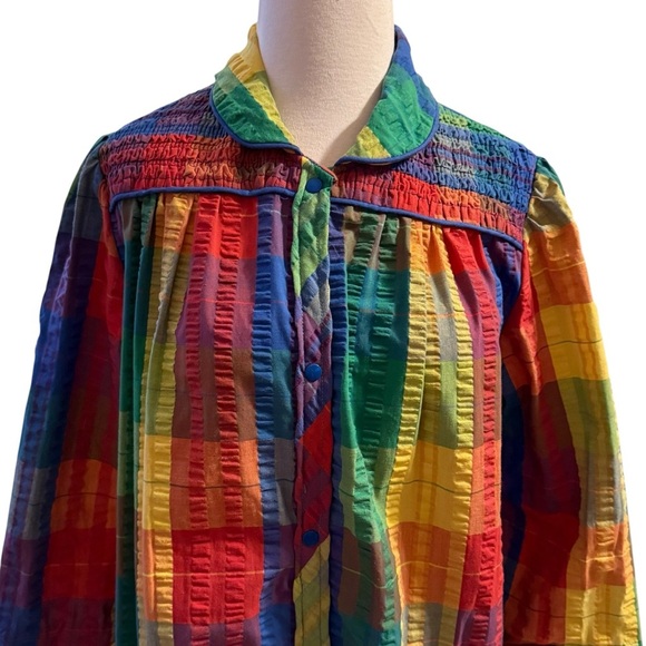 Vintage Coffee Coats Styled by Saybury Rainbow Seersucker House Coat Size Small - Picture 2 of 7